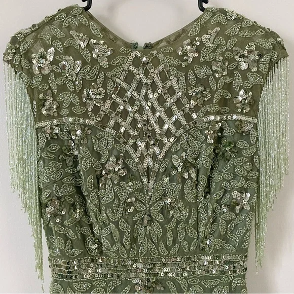 $698 Mac Duggal High Neck Beaded Sequin Fringe Sage Green Gown Dress 4908 Size 4 - Picture 3 of 15